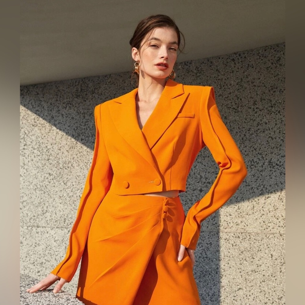 Double Button Crop Blazer Orange Small Classic Office Business